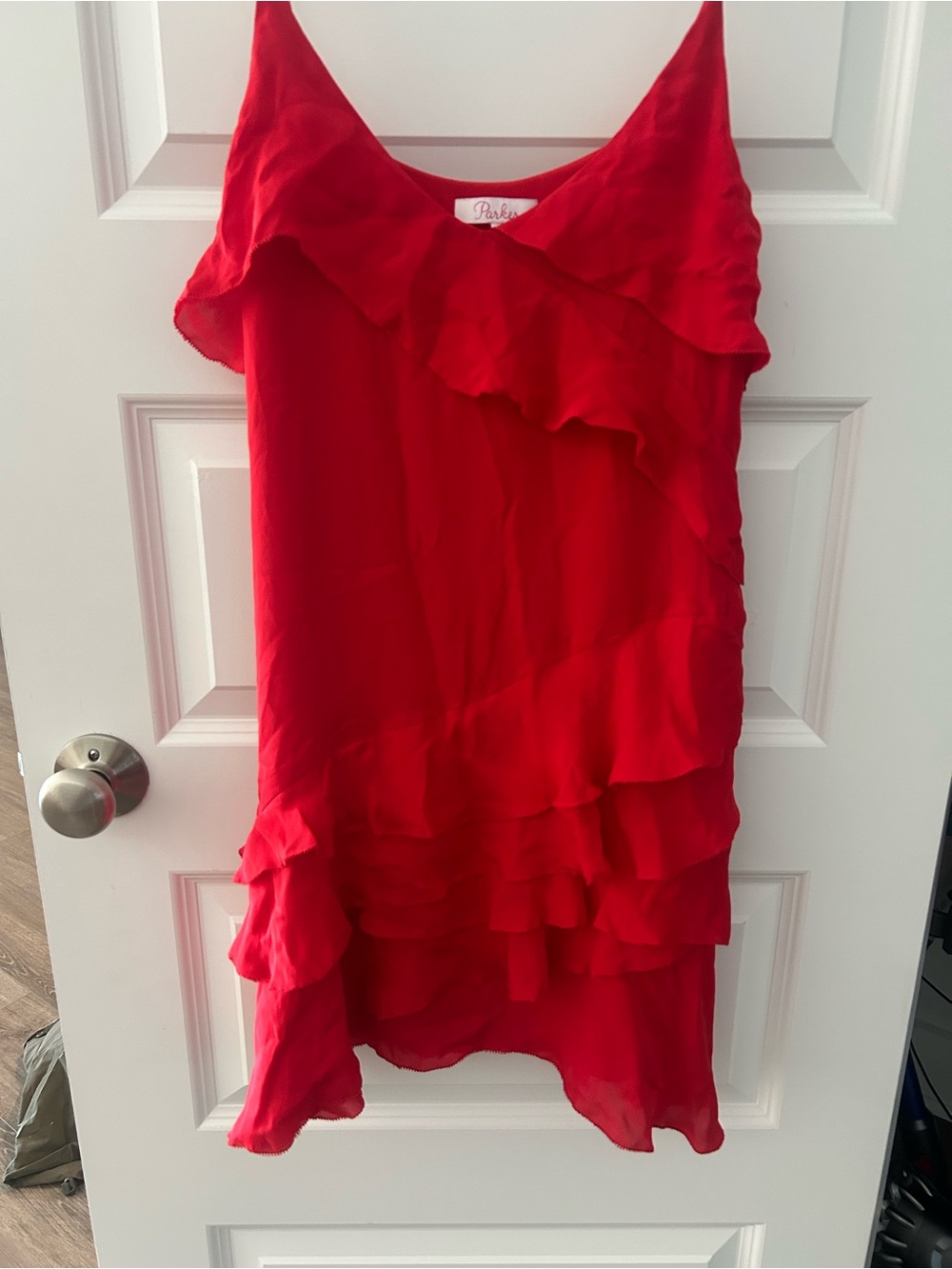 Parker Red Silk Strappy Sleeveless Tiered Ruffle Athena Mini Dress- Sz XS - Picture 13 of 14
